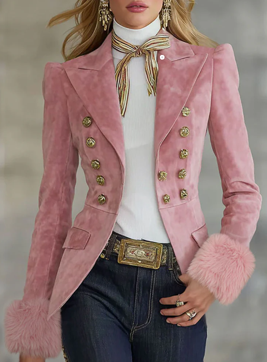 Lapel Multi-button Faux Suede And Fur Blazer