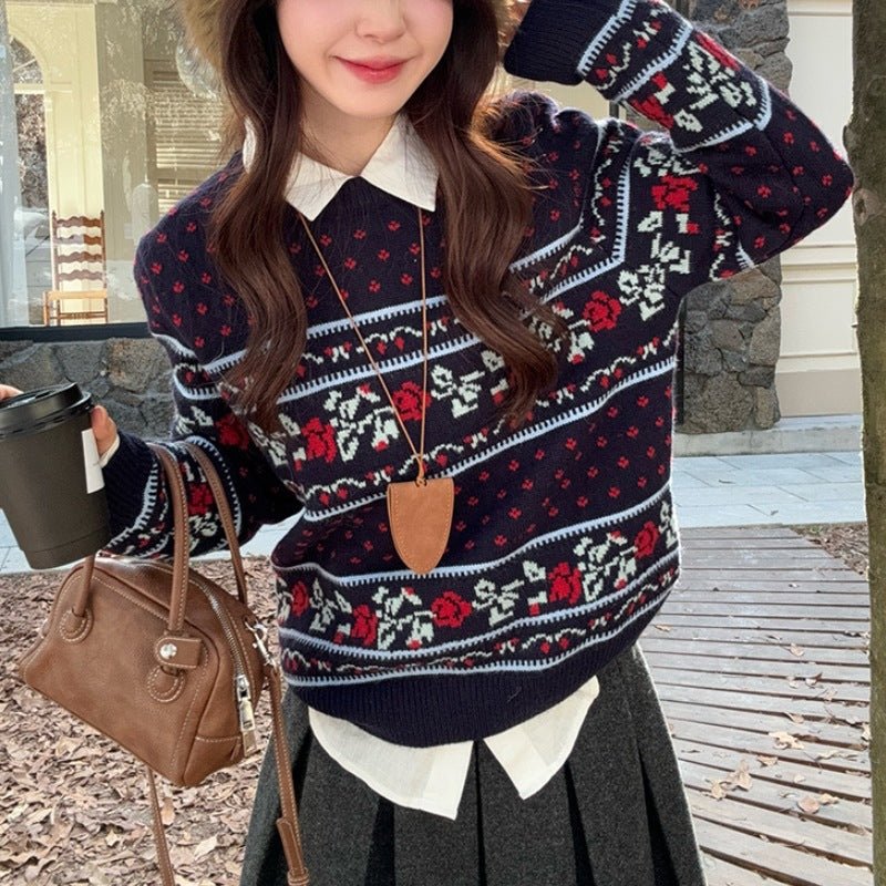Round-Neck Rose Jacquard Knit Sweater Loose-Fit Pullover