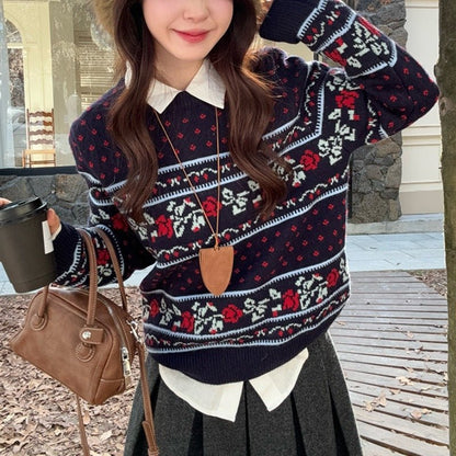 Round-Neck Rose Jacquard Knit Sweater Loose-Fit Pullover